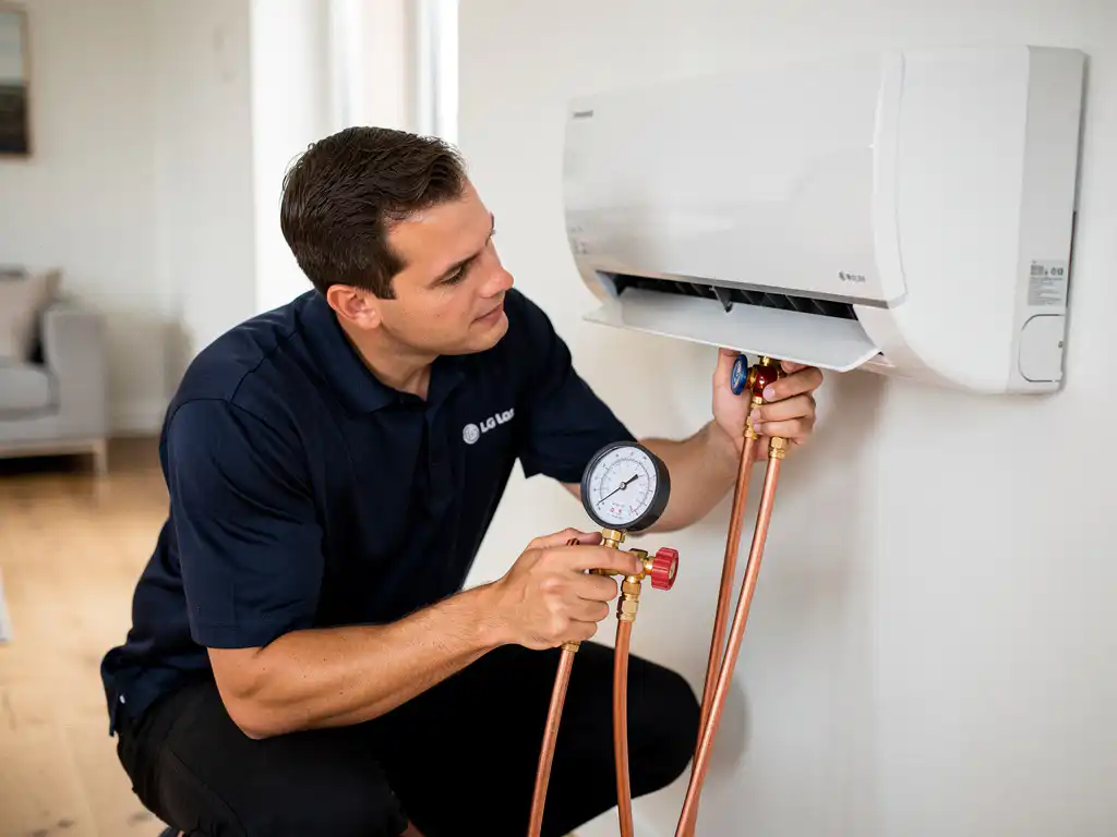 HVAC-monteur controleert koelmiddeldruk van witte LG-airco met professionele manometerslangen in moderne Nederlandse woning.