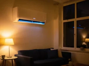 LG-airco aan de muur draait 's nachts door in Nederlandse woonkamer, warm lampgloed contrasteert blauw display.