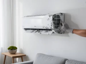 Technicus inspecteert LG airconditioner met schimmelvorming langs de randen, gemonteerd in een moderne Nederlandse woonkamer.