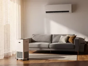 Wandgemonteerde split-airco boven een moderne bank naast een draagbare airco op een houten vloer, warm middaglicht door linnen gordijn.