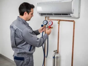 HVAC-monteur sluit koelmiddelmanometer aan op wandairconditioning, koperen leidingen en koelmiddelcilinder zichtbaar.