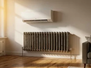 Wandgemonteerde airco-unit naast een centrale verwarming radiator in een Nederlandse woonkamer met warme middagzon.