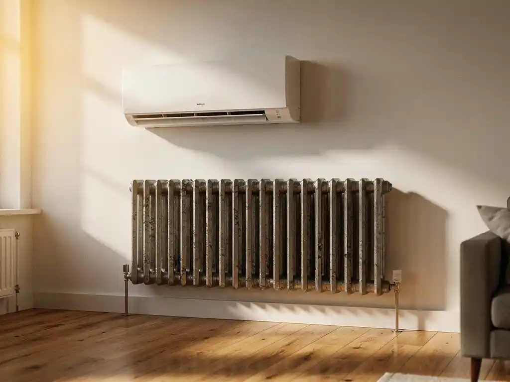 Wandgemonteerde airco-unit naast een centrale verwarming radiator in een Nederlandse woonkamer met warme middagzon.