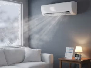 Wandgemonteerde airco die koude lucht blaast in woonkamer, met bevroren raam, energiemeter en gasrekening op bijzettafel.