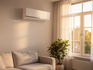 Witte LG wandairco boven een raam in een moderne Nederlandse woonkamer met linnen bank, kamerplant en warm middagzonlicht.