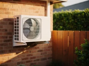 Witte airconditioning buitenunit bevestigd aan bakstenen buitenmuur, met groene hagen en houten schutting op de achtergrond.