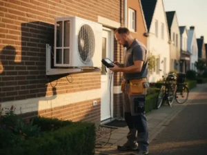 Gecertificeerde installateur inspecteert witte airconditioning buitenunit op bakstenen gevel van Nederlandse woning in de middag.