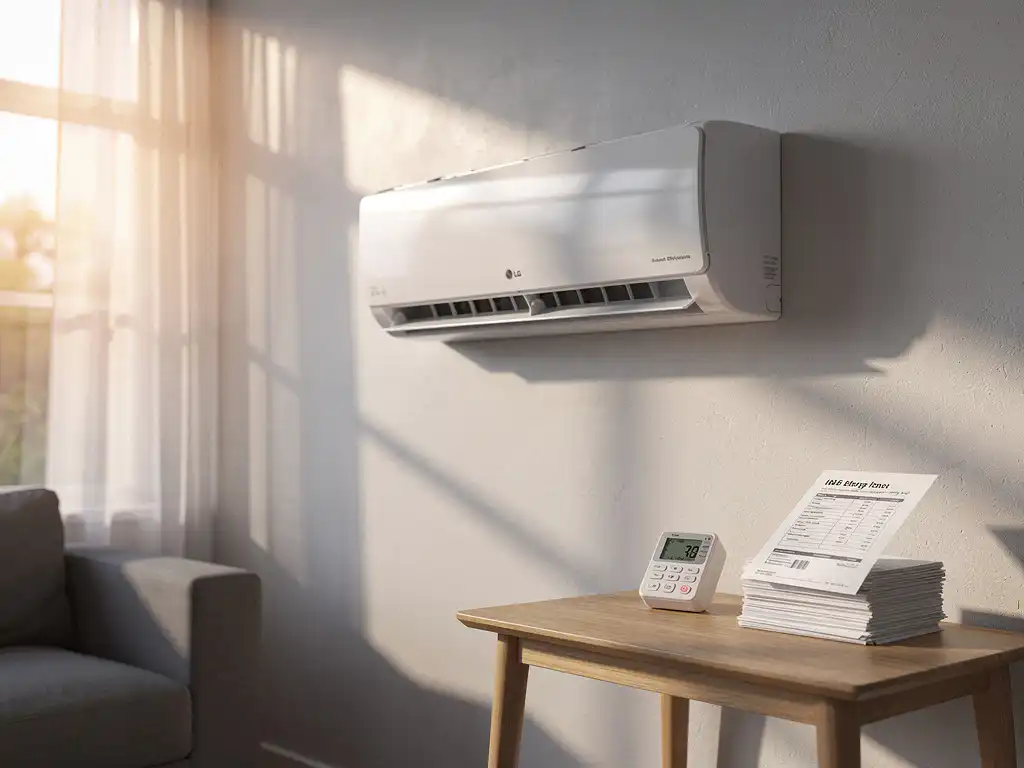 Wandgemonteerde LG-airco in lichte Nederlandse woonkamer, met elektriciteitsmeter en energierekening op houten bijzettafel.
