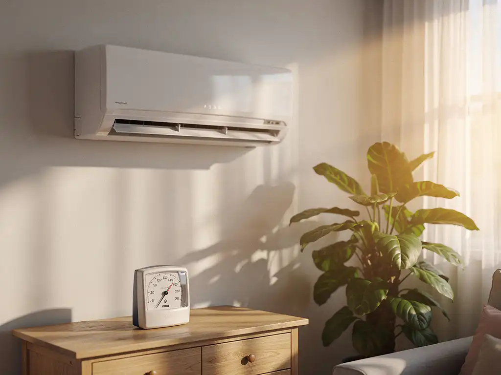 Witte airconditioning aan woonkamermuur met elektriciteitsmeter op houten bijzettafel, kamerplant en warm middaglicht door gordijnen.