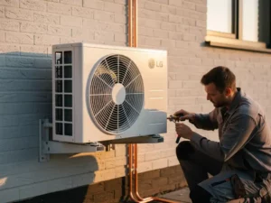 Monteur installeert witte LG airconditioning buitenunit op grijze bakstenen gevel van Nederlandse woning in middagzon.