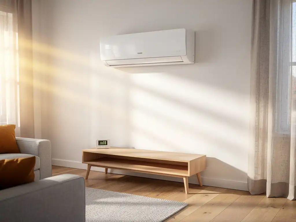 Wandgemonteerde inverter-airco in moderne Nederlandse woonkamer met linnen gordijnen en energiemeter op bijzettafel.