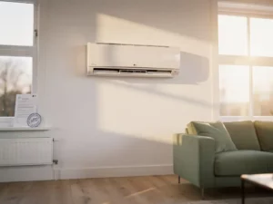 Wandgemonteerde LG-airconditioner in moderne Nederlandse woonkamer met officieel document op vensterbank in middagzon.