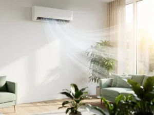 Wandmonteerde airconditioning in lichte Nederlandse woonkamer met groene kamerplanten en houten vloer.