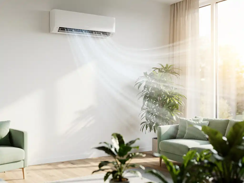 Wandmonteerde airconditioning in lichte Nederlandse woonkamer met groene kamerplanten en houten vloer.