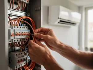 Elektricien sluit dikke koperen bedrading aan in een open zekeringkast, met een witte LG-airconditioning aan de muur op de achtergrond.