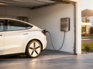 Witte elektrische auto opgeladen via thuisbatterij in Nederlandse garage, zonneschijn op oprit, laadkabel zichtbaar.