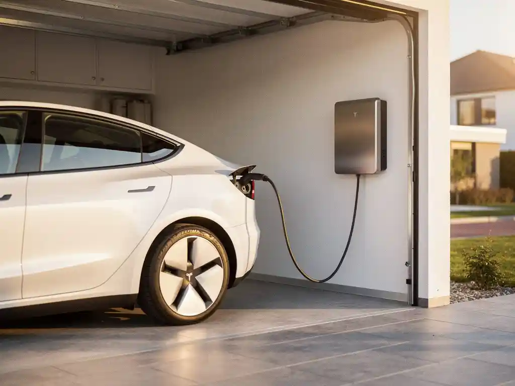 Witte elektrische auto opgeladen via thuisbatterij in Nederlandse garage, zonneschijn op oprit, laadkabel zichtbaar.
