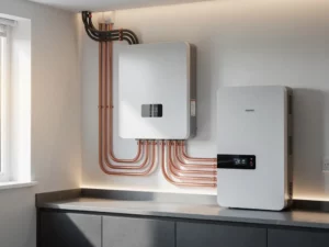 Witte hybride omvormer op muurbeugel in technische ruimte, verbonden met thuisbatterij via nette koperen bekabeling en zonnepanelenkabels.
