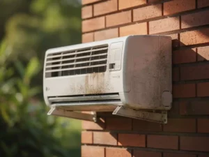 Verouderde LG wandairco op bakstenen buitenmuur met stoflaag, omringd door groene tuinplanten in zachte focus.
