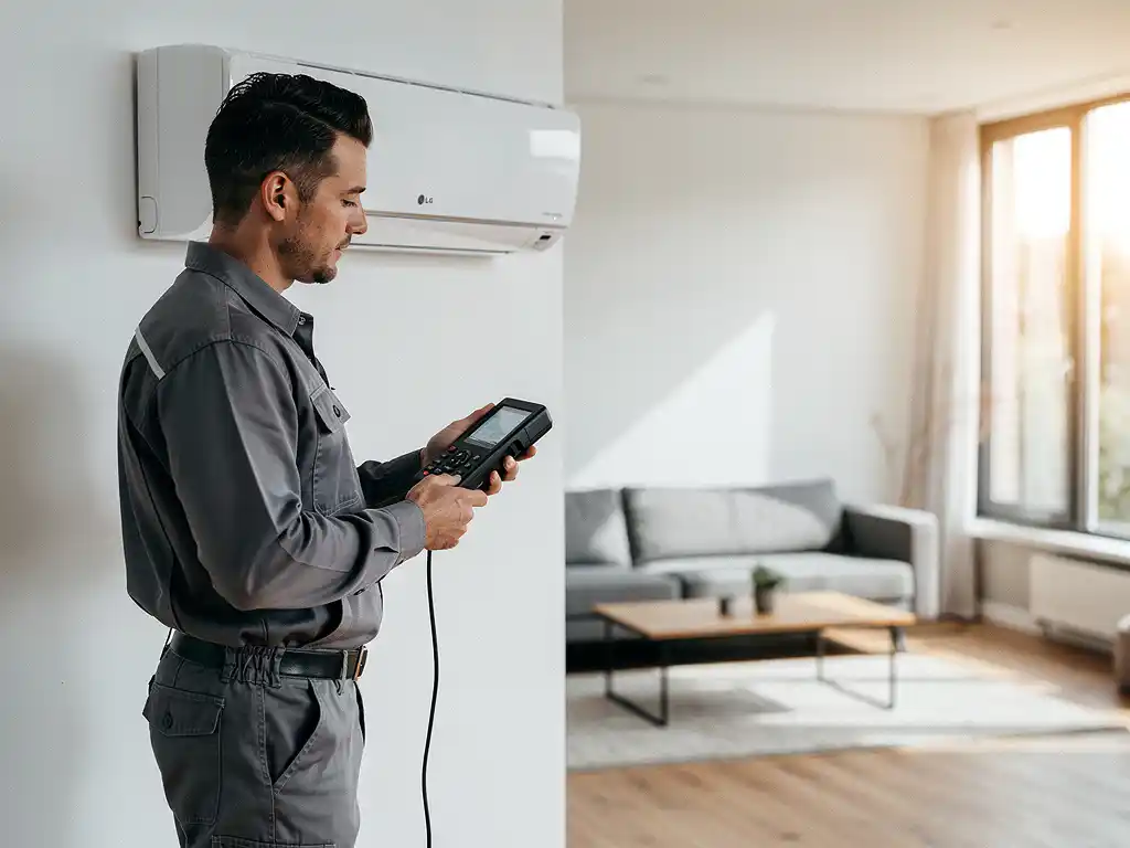 Gecertificeerde technicus inspecteert LG-airconditioner met diagnostisch apparaat in moderne Nederlandse woonkamer.