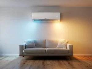 Wandgemonteerde LG-airconditioning in moderne woonkamer met koelblauw en warm amberkleurig licht, houten vloer en comfortabele bank.