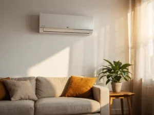 LG split-unit airco aan de muur boven een gezellige Nederlandse woonkamerbank, met warm middagzonlicht door linnen gordijnen.