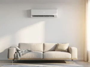 Wandgemonteerde split-airco boven een moderne bank in een lichte woonkamer met warm middaglicht.