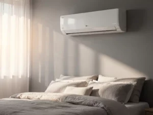 Witte LG airconditioner aan slaapkamermuur boven opgemaakt bed met linnen kussens en zacht ochtendlicht.