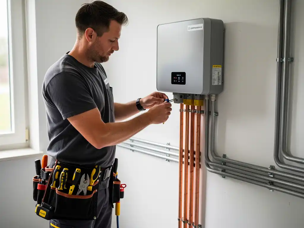 Elektricien sluit koperen bedrading aan op thuisbatterij in moderne Nederlandse meterkast, gereedschapsriem zichtbaar.