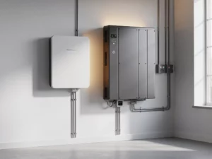 Twee wandgemonteerde thuisbatterijen in een moderne technische ruimte: een compacte witte powerwall en een groter modulair systeem.
