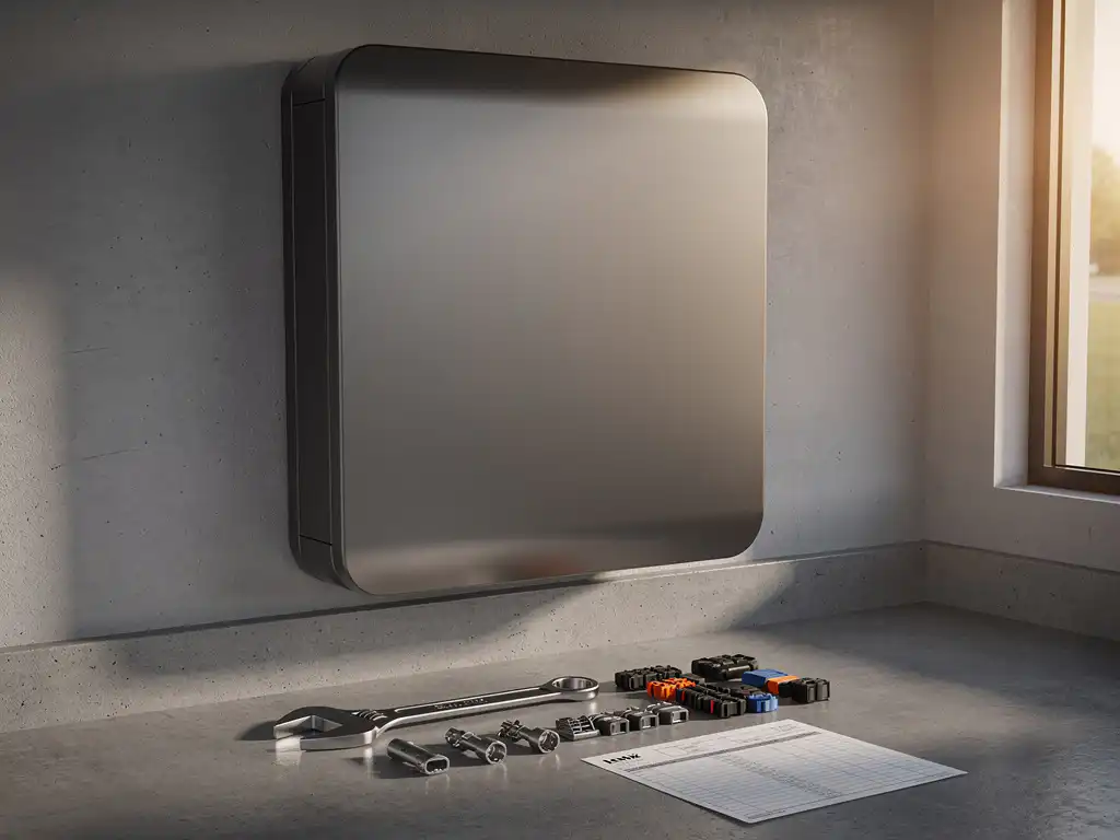 Thuisbatterij gemonteerd op garagemuur met installatiegereedschap, kabelconnectoren en factuurblad op betonvloer.