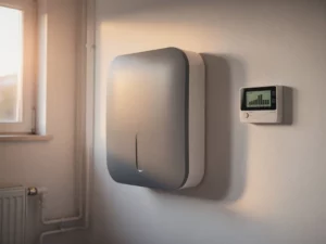 Aan de muur gemonteerde thuisbatterij in Nederlandse meterkast met energiemeter en warm middaglicht door klein raam.