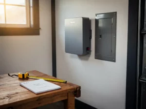 Thuisbatterij gemonteerd op garagemuur naast elektrische meterkast, met checklist en meetlint op werkbank in warm middaglicht.