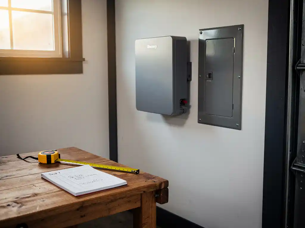 Thuisbatterij gemonteerd op garagemuur naast elektrische meterkast, met checklist en meetlint op werkbank in warm middaglicht.