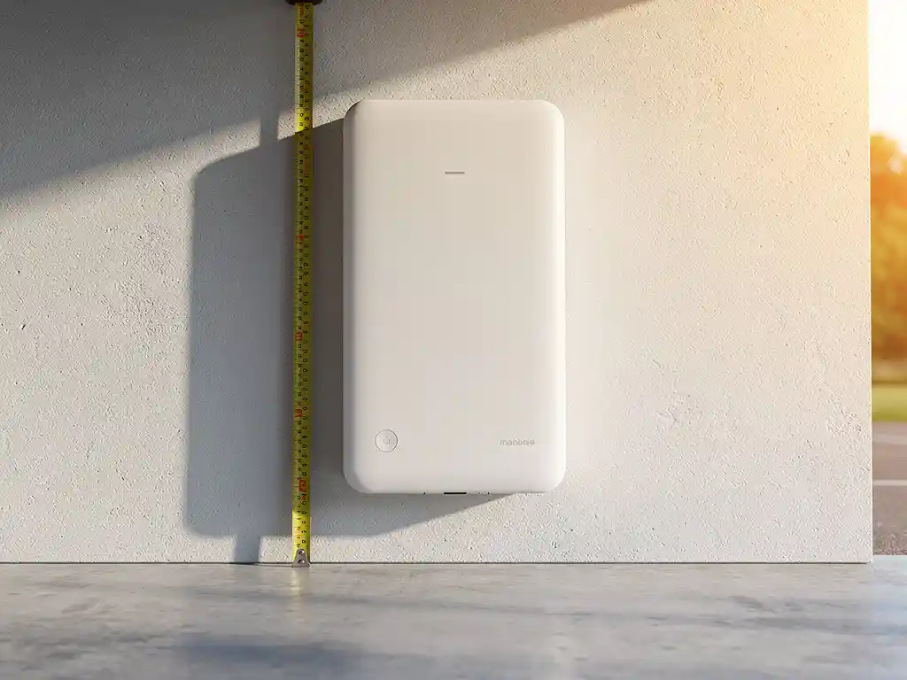 Witte thuisbatterij gemonteerd op garagemuur met meetlint langs de volledige hoogte, warme middaglichtinval.