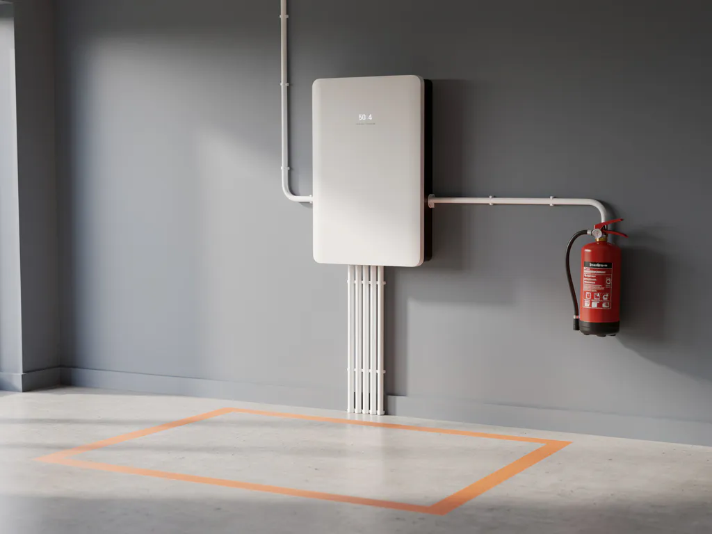 Witte thuisbatterij op garagemuur met 50 cm vrije ruimte, nette kabelgeleiding en brandblusser, modern Nederlands interieur.