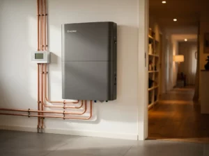 Thuisbatterij gemonteerd aan muur in Nederlandse meterkast, met energiemeter en koperen bedrading zichtbaar.