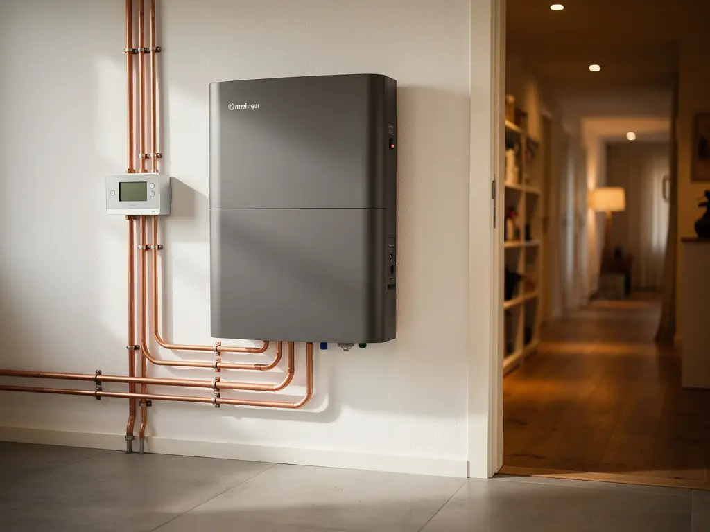 Thuisbatterij gemonteerd aan muur in Nederlandse meterkast, met energiemeter en koperen bedrading zichtbaar.