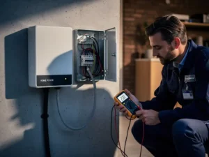 Gecertificeerde installateur inspecteert thuisbatterij met losse bedrading en open aansluitdoos in Nederlandse garage.