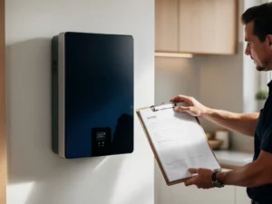 Thuisbatterij aan muur in Nederlandse woning met installateursklembord en officiële documenten op de voorgrond.