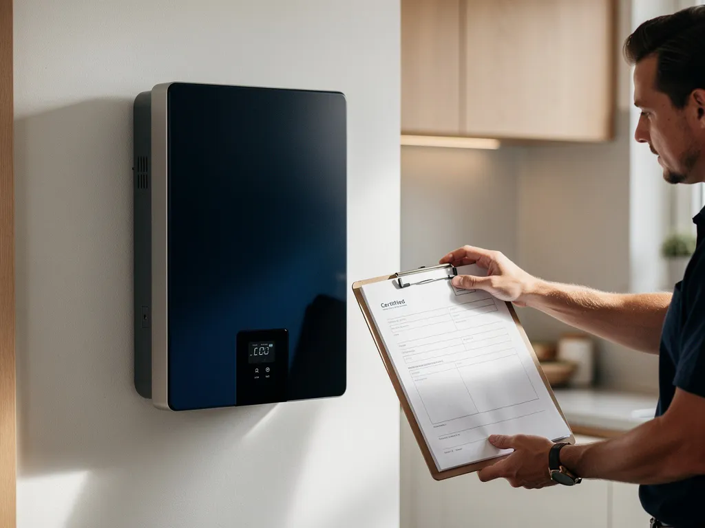 Thuisbatterij aan muur in Nederlandse woning met installateursklembord en officiële documenten op de voorgrond.