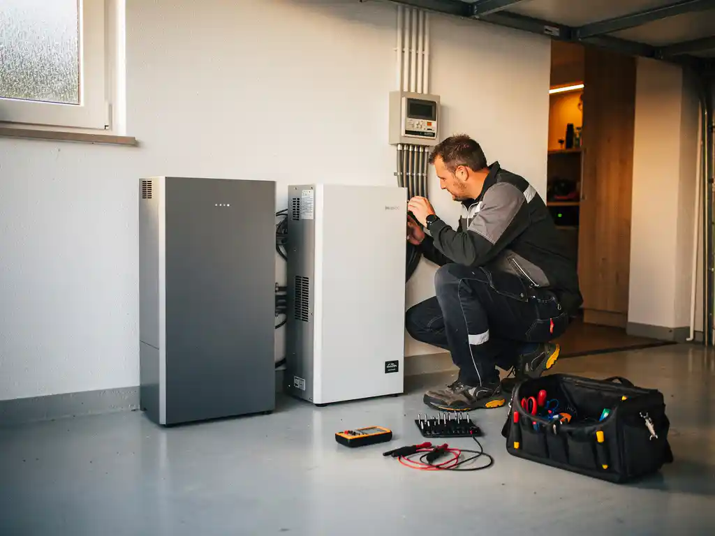 Gecertificeerde installateur inspecteert bedrading van twee thuisbatterijen in Nederlandse garage, premium en budgetmodel naast elkaar.