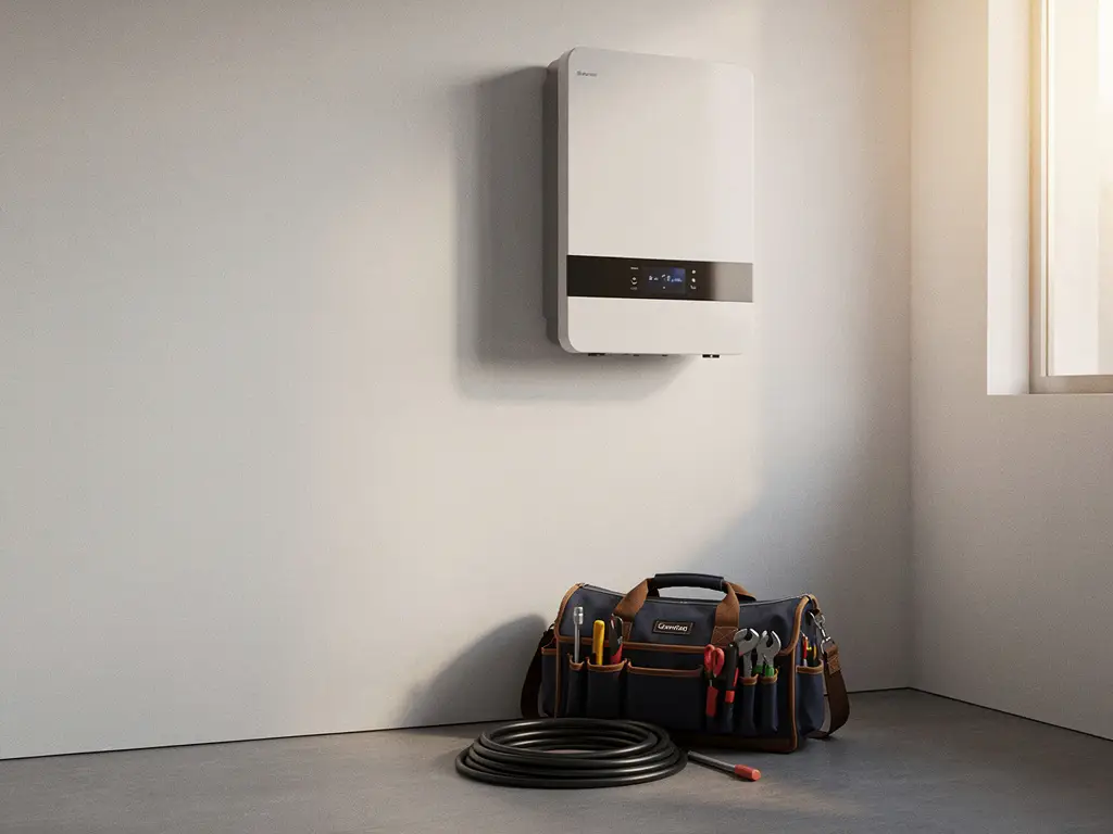 Witte thuisbatterij gemonteerd op muurin moderne technische ruimte, met gereedschapstas en kabel van installateur op de vloer.