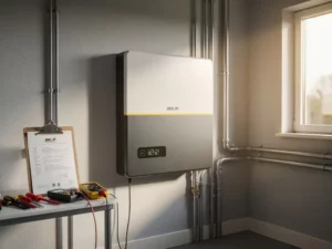 Aan de muur gemonteerde thuisbatterij in moderne Nederlandse technische ruimte, met klembord en inspectietools van een gecertificeerde technicus.