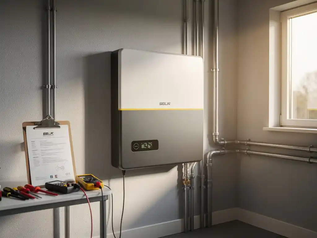 Aan de muur gemonteerde thuisbatterij in moderne Nederlandse technische ruimte, met klembord en inspectietools van een gecertificeerde technicus.