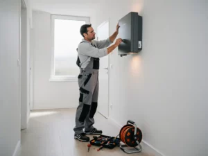 Technicus installeert thuisbatterij op witte muur in moderne Nederlandse hal, gereedschap en kabelrol op de vloer.
