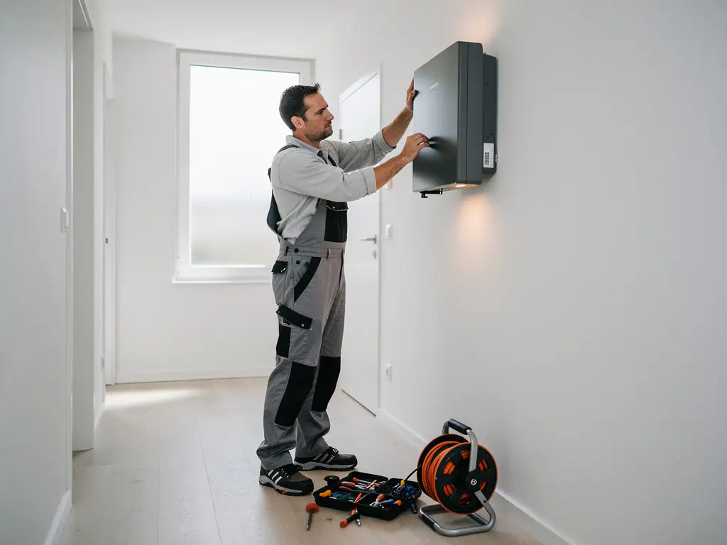 Technicus installeert thuisbatterij op witte muur in moderne Nederlandse hal, gereedschap en kabelrol op de vloer.