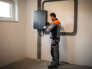 Gecertificeerde technicus sluit kabels aan op antracietgrijze thuisbatterij in Nederlandse technische ruimte.