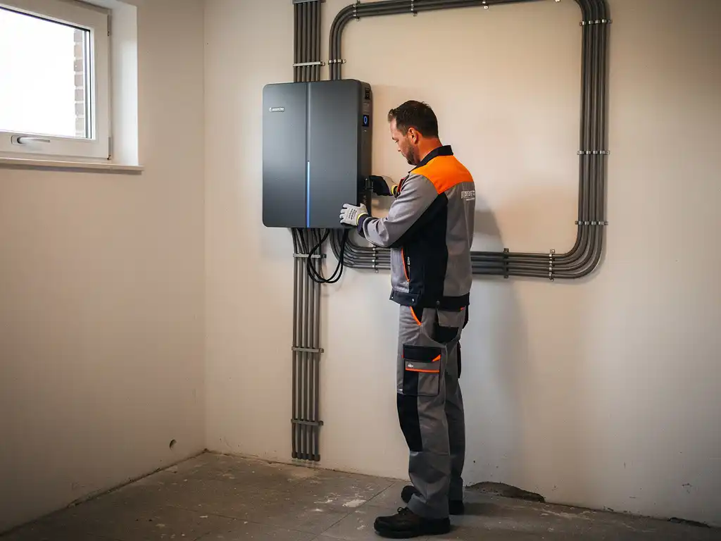 Gecertificeerde technicus sluit kabels aan op antracietgrijze thuisbatterij in Nederlandse technische ruimte.