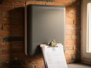 Wandgemonteerde thuisbatterij in Nederlandse meterkast met vergunningsdocumenten op klembord, terracotta bakstenen muur op achtergrond.